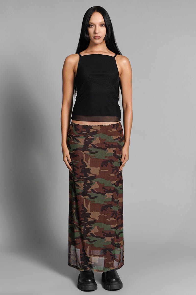 Camo Veil Mesh Skirt Midi Skirts NOCTEX