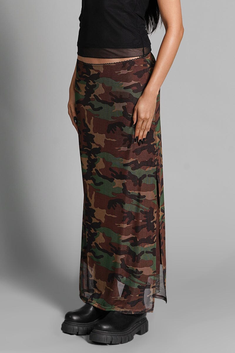 Camo Veil Mesh Skirt Midi Skirts NOCTEX