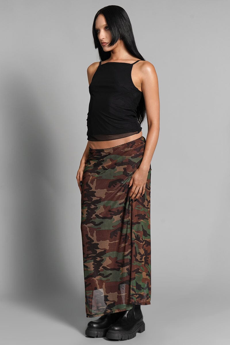 Camo Veil Mesh Skirt Midi Skirts NOCTEX