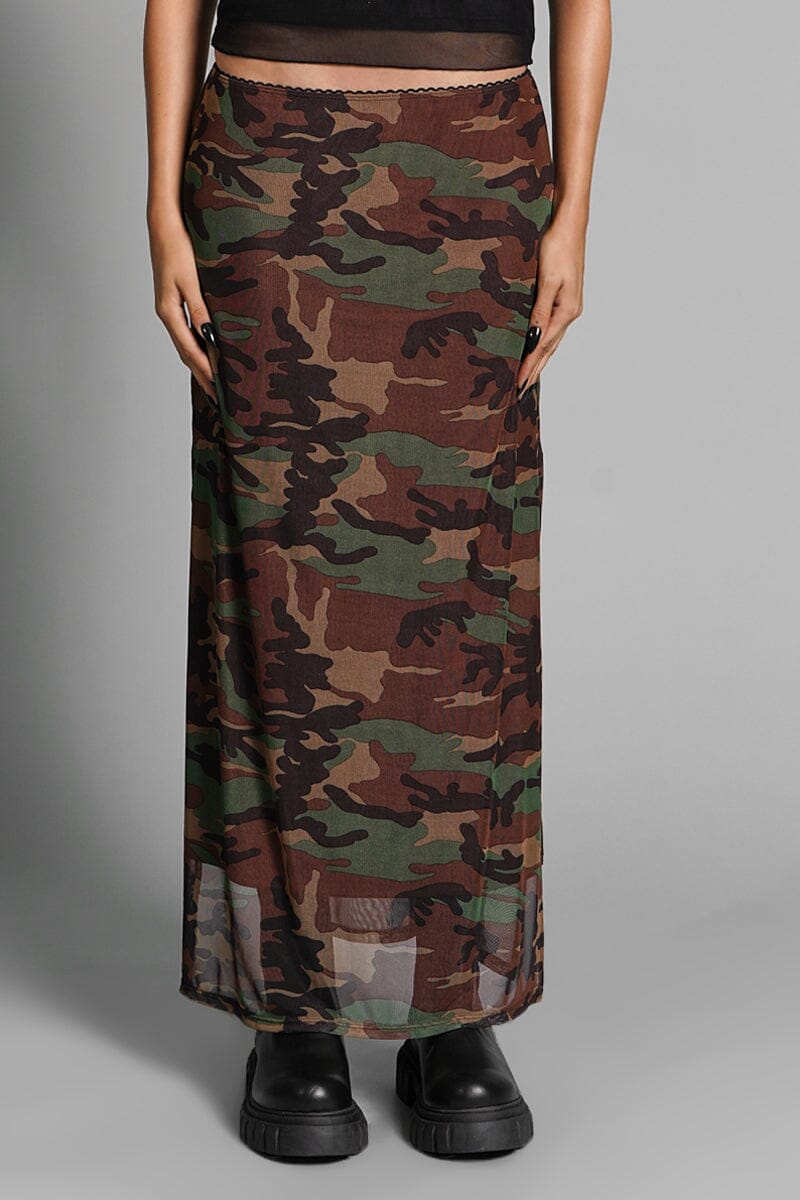 Camo Veil Mesh Skirt Midi Skirts NOCTEX