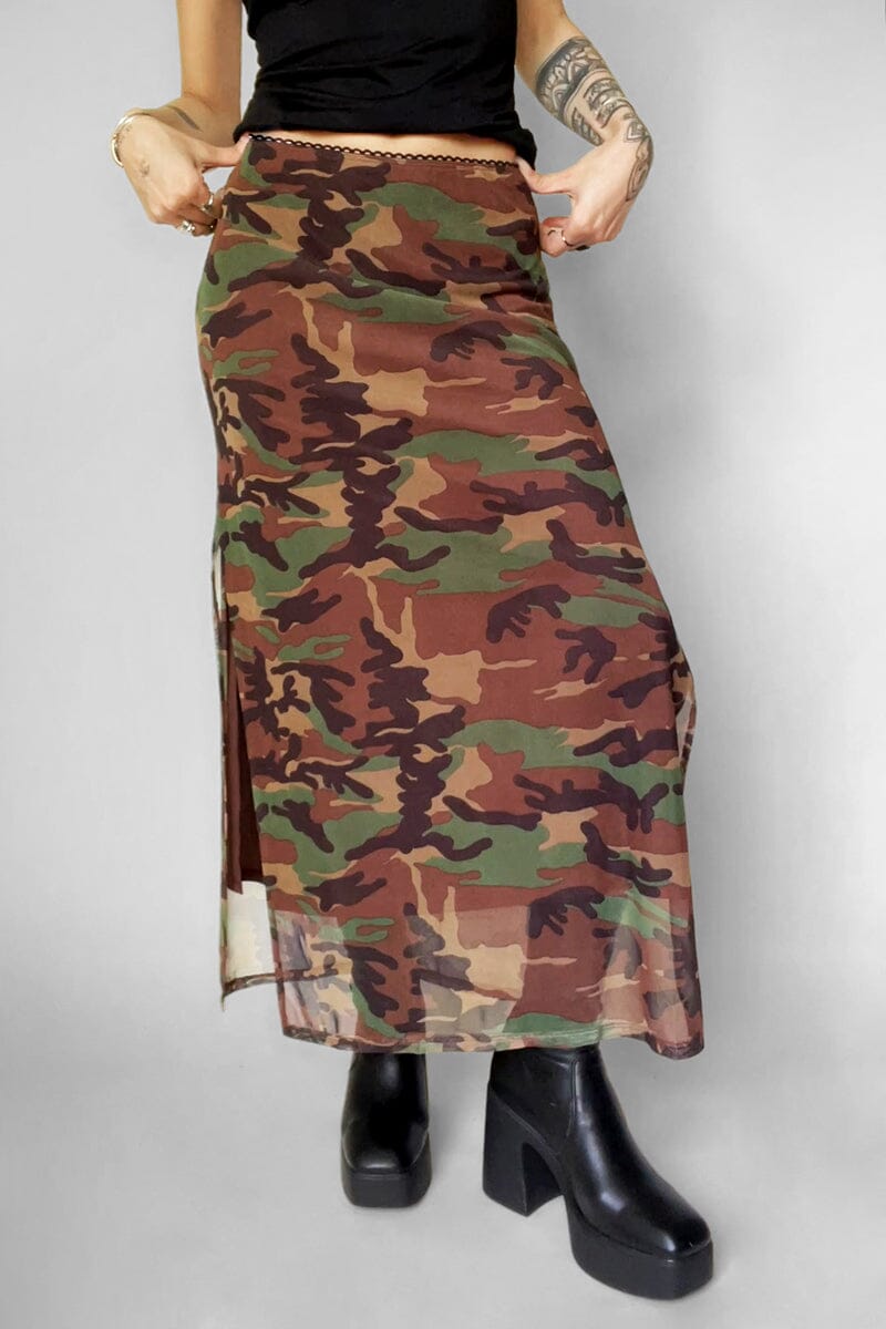 Camo Veil Mesh Skirt Midi Skirts NOCTEX