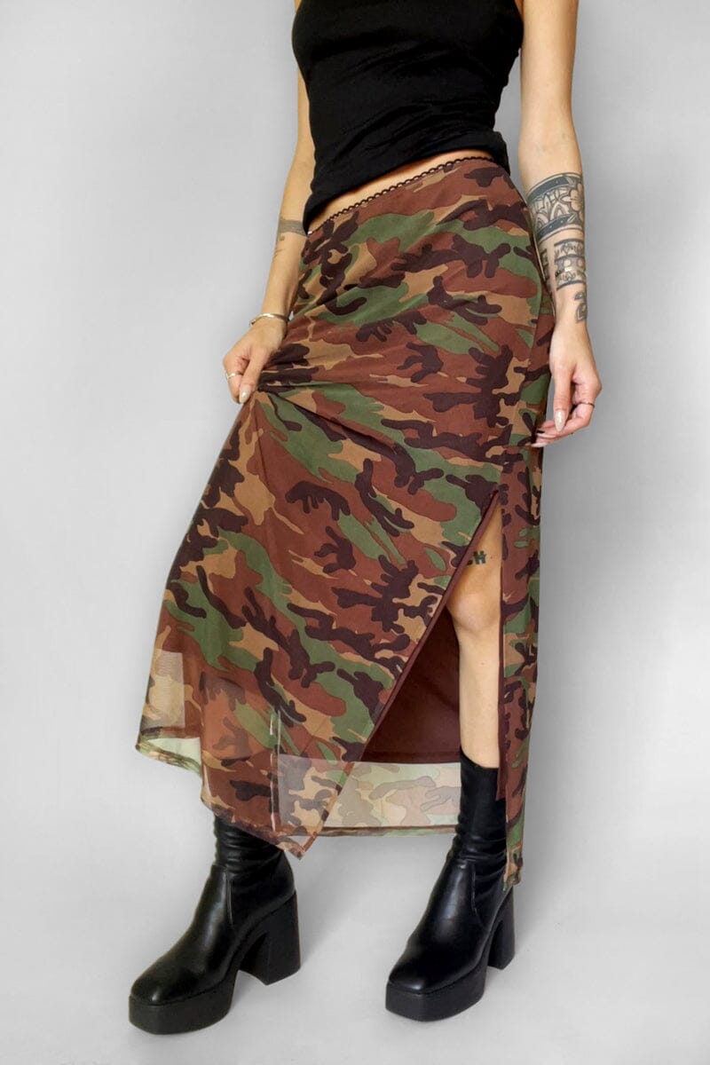 Camo Veil Mesh Skirt Midi Skirts NOCTEX