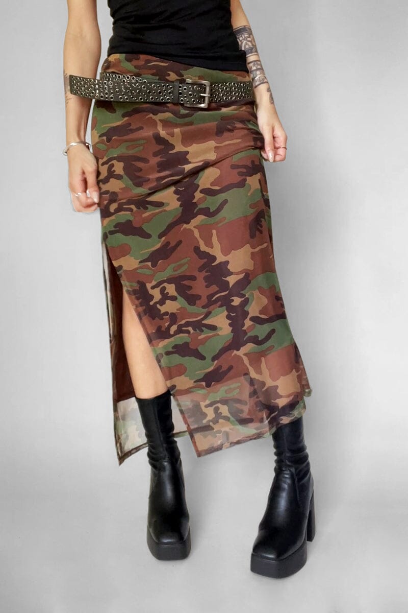Camo Veil Mesh Skirt Midi Skirts NOCTEX