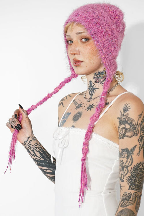 Peluche Knit Hood Beanie - Pink Hats NOCTEX 