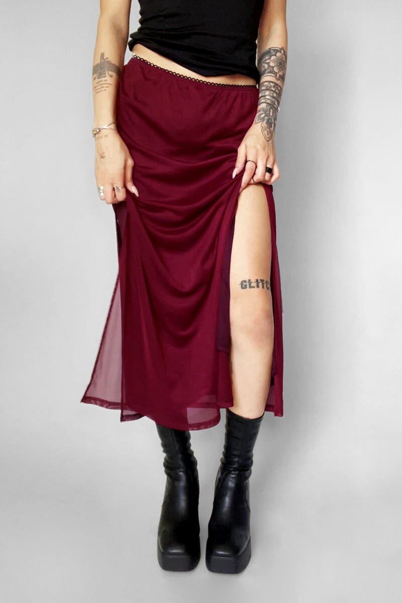 Crimson Veil Mesh Skirt Midi Skirts NOCTEX 
