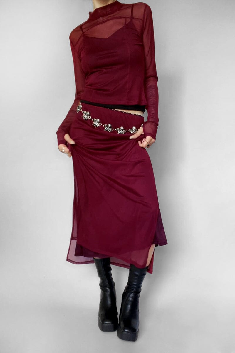 Crimson Veil Mesh Skirt Midi Skirts NOCTEX 