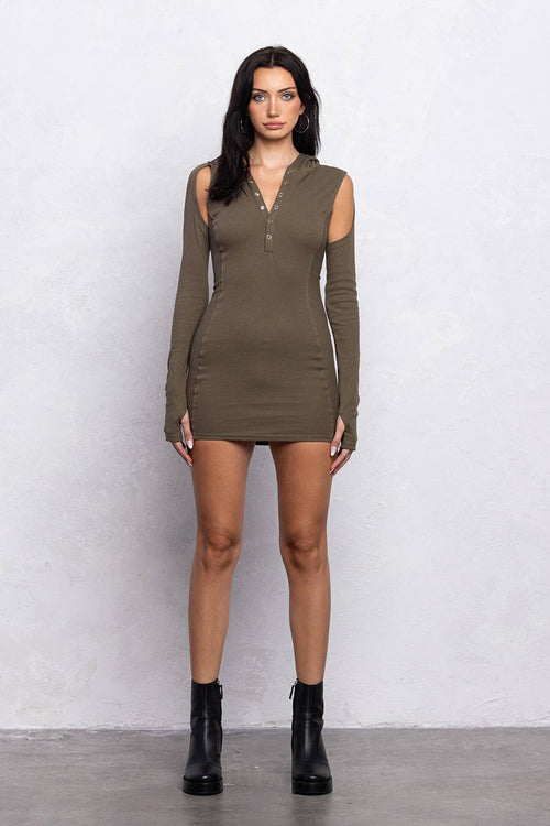 Venya Hooded Mini Dress - Dusted Olive Mini Dress No Vacancy 