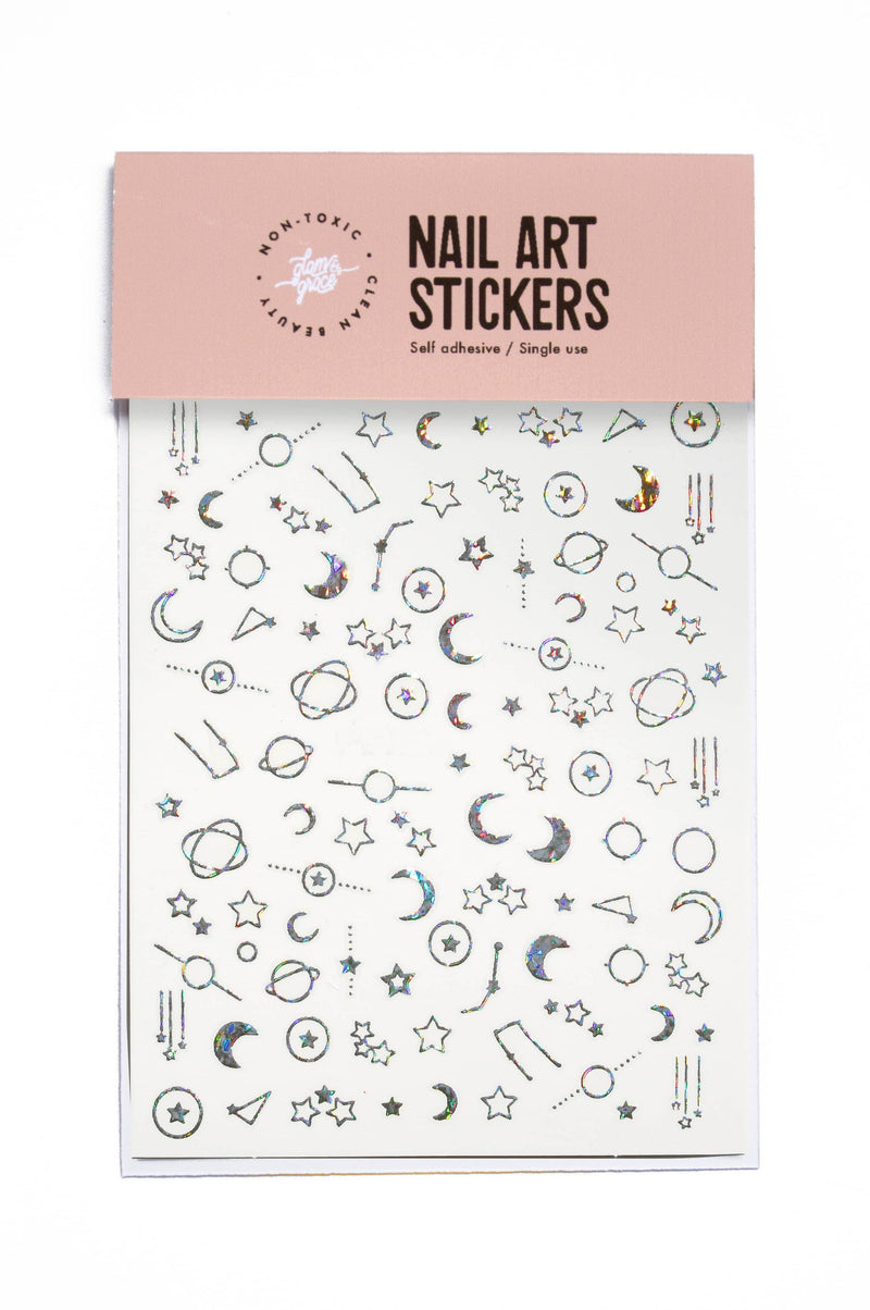 Nail Art Stickers - Holographic Celestial Silver - Noctex - Glam & Grace beauty, Cruelty free, Faire, nails, stars, sun, Vegan, Zodiac Nails