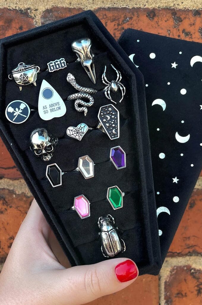 Cosmic Coffin Ring Tray - Noctex - Mysticum Luna 2022, Accessories, accessory, california, crescent moon, Faire, halloween, moon, moon phases, organization, spooky Rings