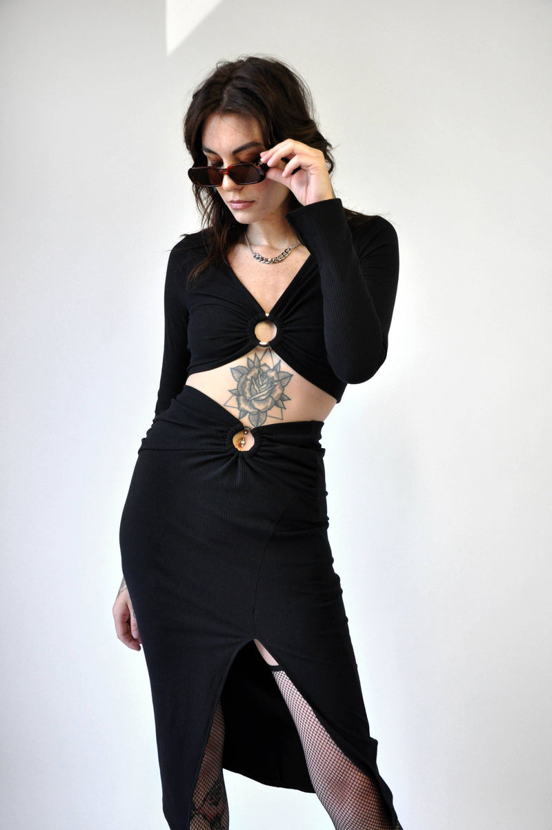 Zero Knit Set - Noctex - Fore Collection 2022, crop top, Faire, goth aesthetic, LARGE, long sleeve, longsleeves, Made in USA/Canada, MEDIUM, midi skirt, SMALL, Womens Co-ords