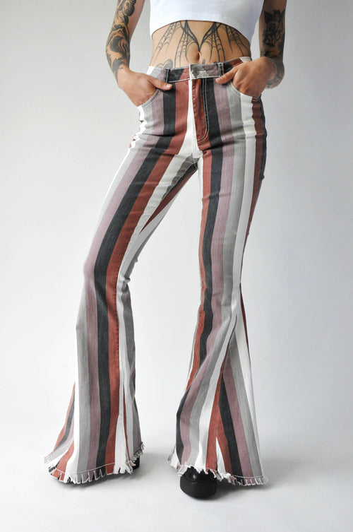 Terracotta Stripe Super Flare Jeans - Noctex - Saints & Hearts 1x, 2x, 3x, curve, Faire, flare, jean, jeans, LARGE, MEDIUM, plus size, print, retrofit, Saints & Hearts, SMALL, stripes, womens