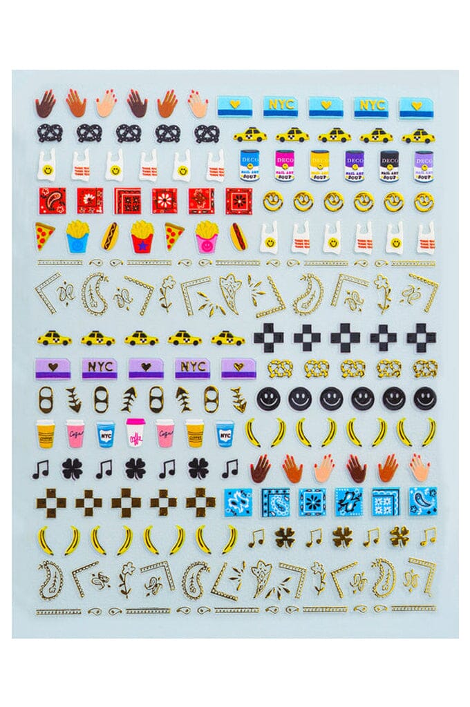 Nail Art Stickers - TAXI! (NYC) - Noctex - Deco Miami Andy Warhol, banana, california, checkered, checkers, coffee, Cruelty free, Faire, fish, hands, hot dog, Made in USA/Canada, metro card, 