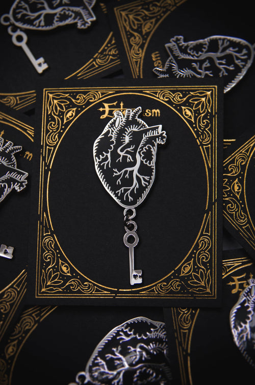 Gothic Anatomical Heart & Key Enamel Pin - in Black & Silver - Noctex - Ectogasm Faire Enamel Pin
