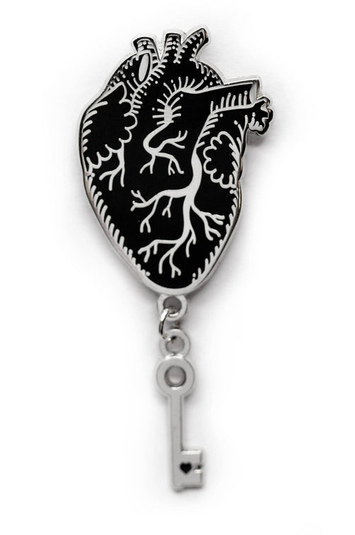 Gothic Anatomical Heart & Key Enamel Pin - in Black & Silver - Noctex - Ectogasm Faire Enamel Pin