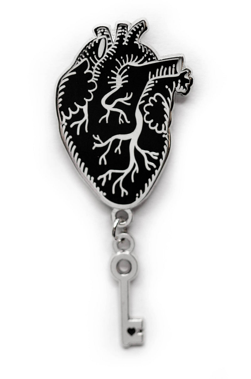 Gothic Anatomical Heart & Key Enamel Pin - in Black & Silver