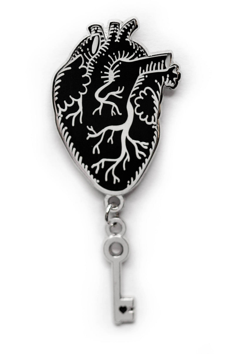 Gothic Anatomical Heart & Key Enamel Pin - in Black & Silver - Noctex - Ectogasm Faire Enamel Pin